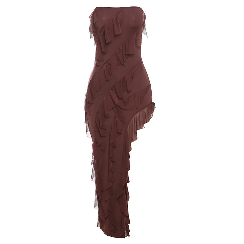 Trendy Women's Fashion Tube Top Backless Split Tassel Dress Birthday Party Clubwear