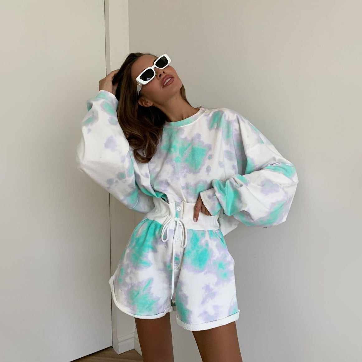 Fashionable Women's Tie-Dye Lace-Up Shorts Two-Piece Set