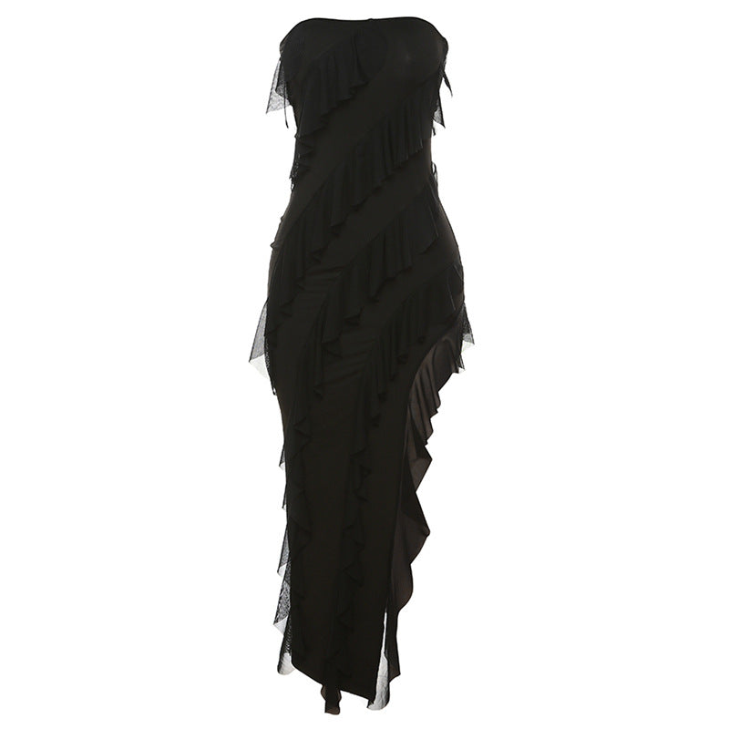 Trendy Women's Fashion Tube Top Backless Split Tassel Dress Birthday Party Clubwear