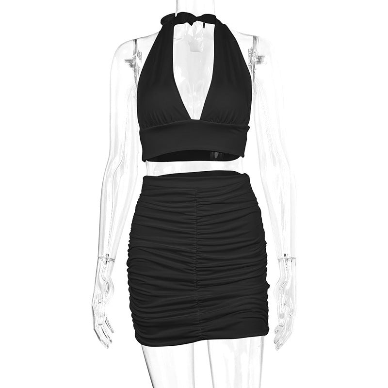 2-Piece Halter Lace-Up Crop Top & Pleated Mini Skirt Set – Hip-Hugging Women’s Dress Suit in Black, White, or Green