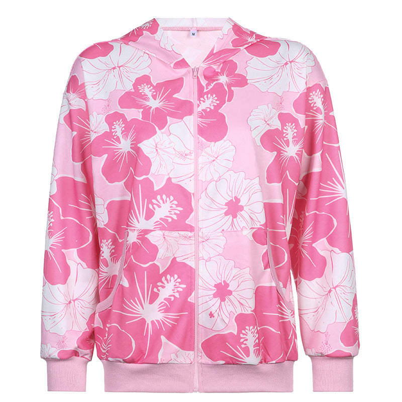Trendy Women's Sweet Zipper Print Hooded Sweatshirt Hoodie