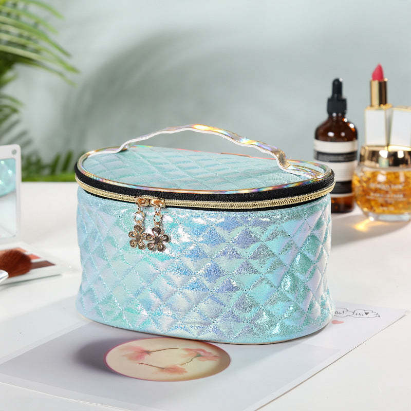 Holographic Quilted Makeup Bag with Handle – Travel Cosmetic Case in Iridescent Pastel Colors