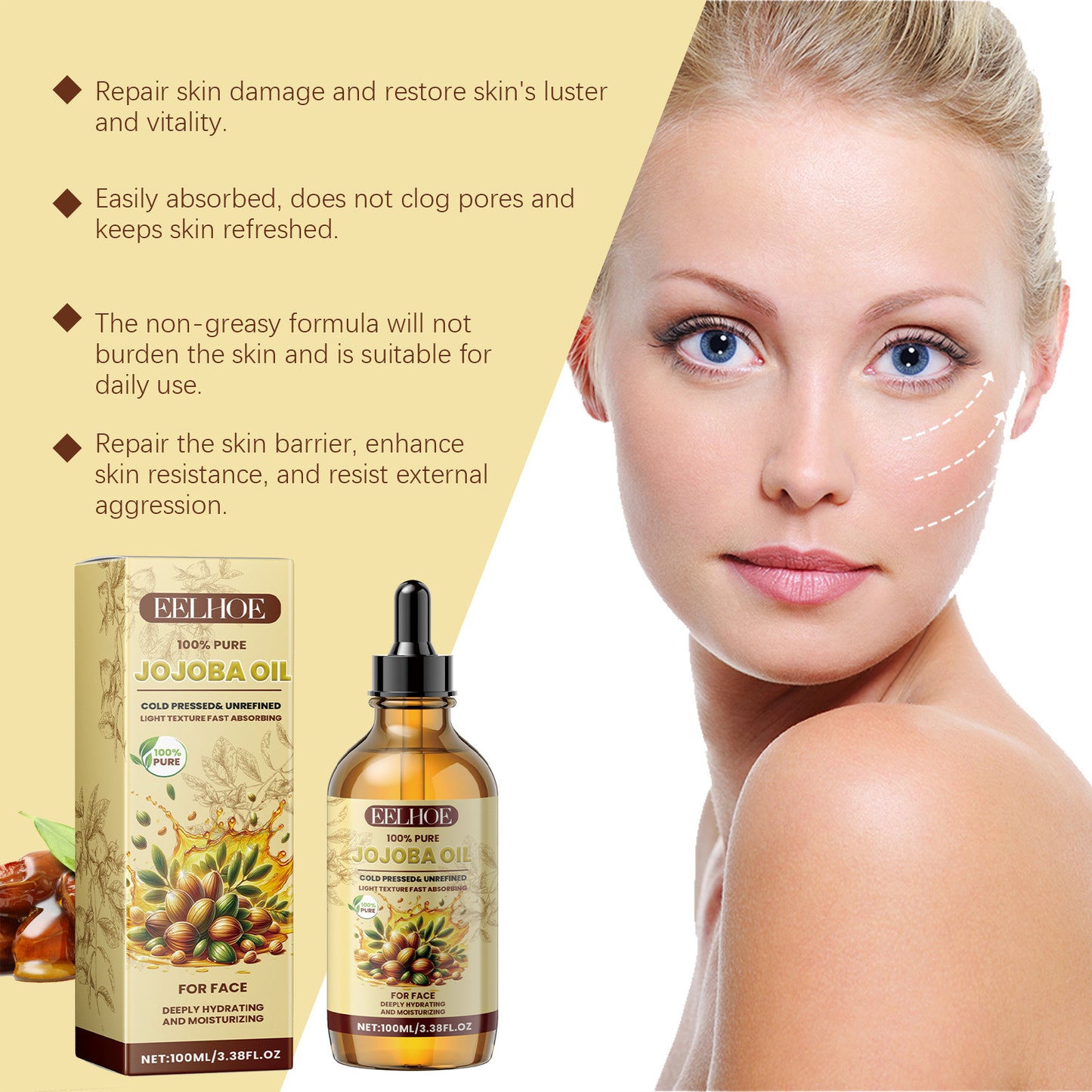 Eelhoe Jojoba Face Oil – Hydrating & Brightening Serum with Vitamin E & Hyaluronic Acid for Anti-Aging & Skin Firming