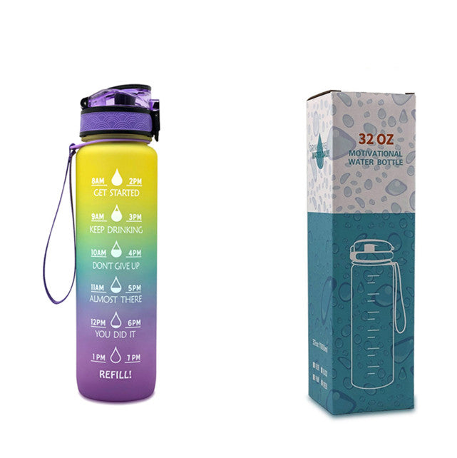Motivational Water Bottle 1L Tritan with Time Marker, Bounce Cover for Cycling, Leakproof Cup - Ideal for Sports Fitness Bottles