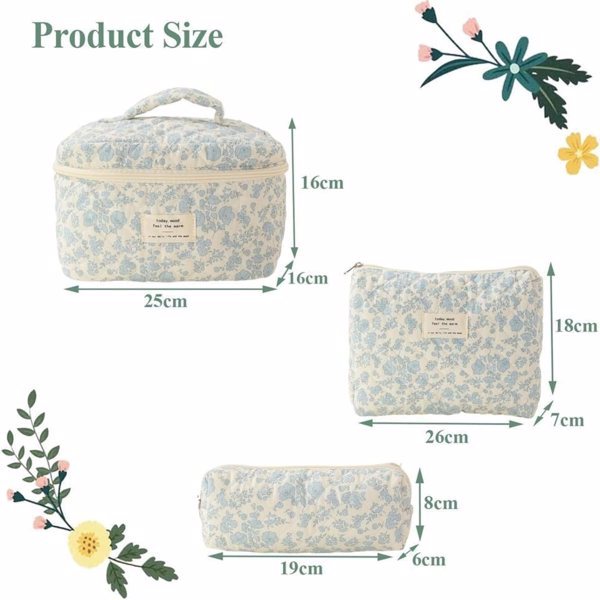 3-Piece Quilted Floral Makeup Bag Set – Aesthetic Cotton Travel Cosmetic Organizers