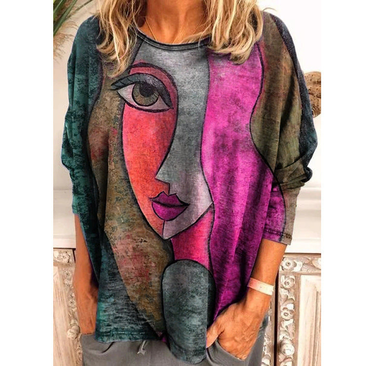 Face Art Long Sleeve T-shirt Fashion Top for Women