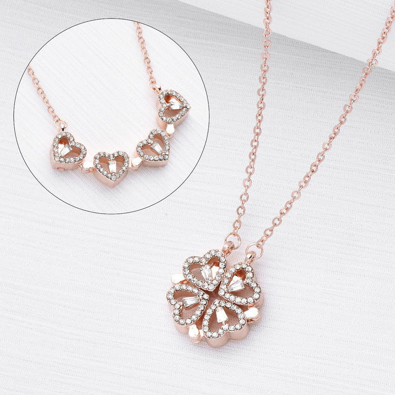 Retro Magnetic Folding Heart-Shaped Four-Leaf Clover Necklace - 4-in-1 Versatile Design