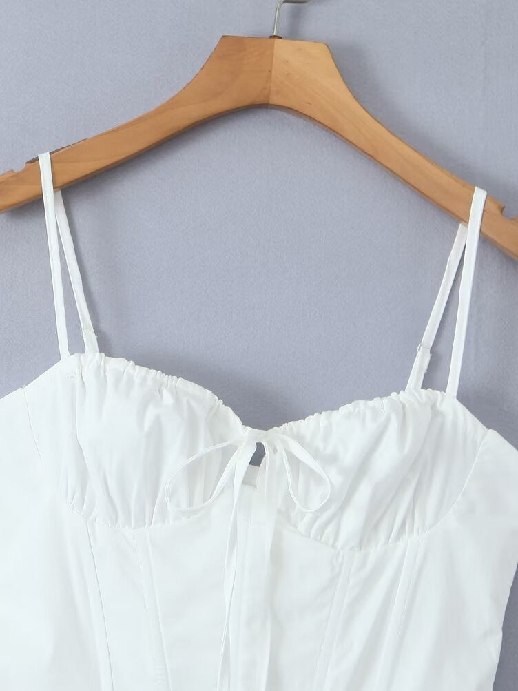 White Corset Midi Dress with Slit – Slim Fit Spaghetti Strap A-Line Style
