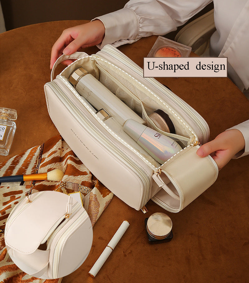 Three-Layer PU Leather Makeup Bag – Large-Capacity Travel Cosmetic Organizer with U-Shape Access