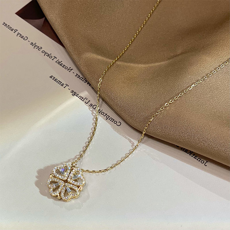 Retro Magnetic Folding Heart-Shaped Four-Leaf Clover Necklace - 4-in-1 Versatile Design