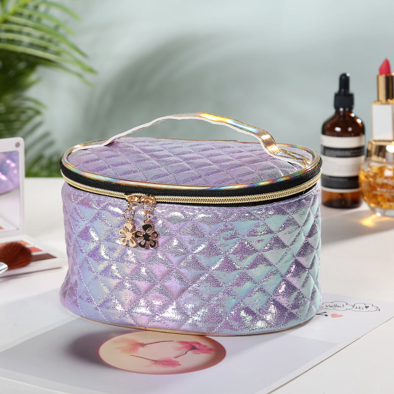Holographic Quilted Makeup Bag with Handle – Travel Cosmetic Case in Iridescent Pastel Colors