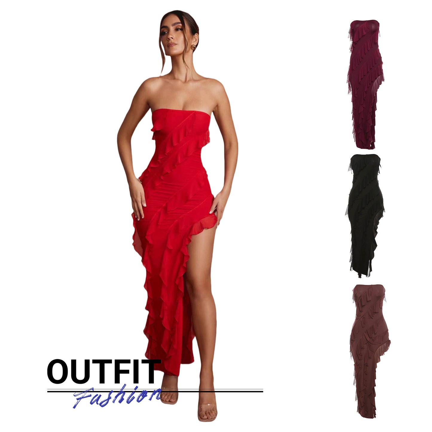 Trendy Women's Fashion Tube Top Backless Split Tassel Dress Birthday Party Clubwear