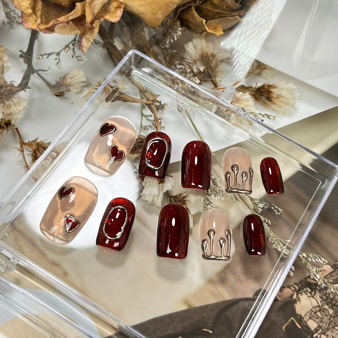 Passionate Red Cat’s Eye Press-On Nails with Crown and Heart Designs - Wedding & Party Ready