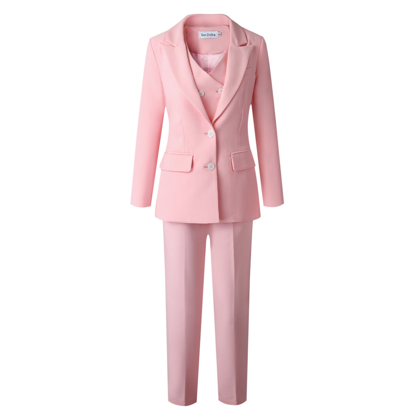 Women’s 3-Piece Pink Suit Set – Blazer, Vest & Trousers in Tailored Polyester