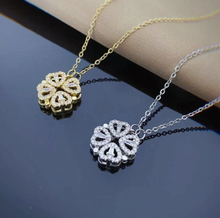 Retro Magnetic Folding Heart-Shaped Four-Leaf Clover Necklace - 4-in-1 Versatile Design