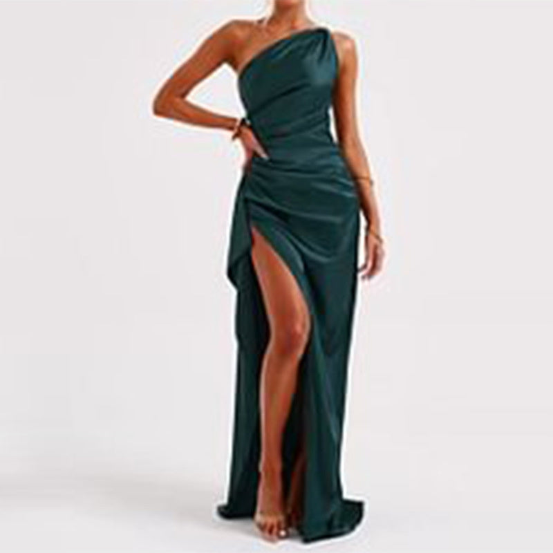 One-Shoulder Satin Slit Gown – Backless Evening Dress in 15 Elegant Colors