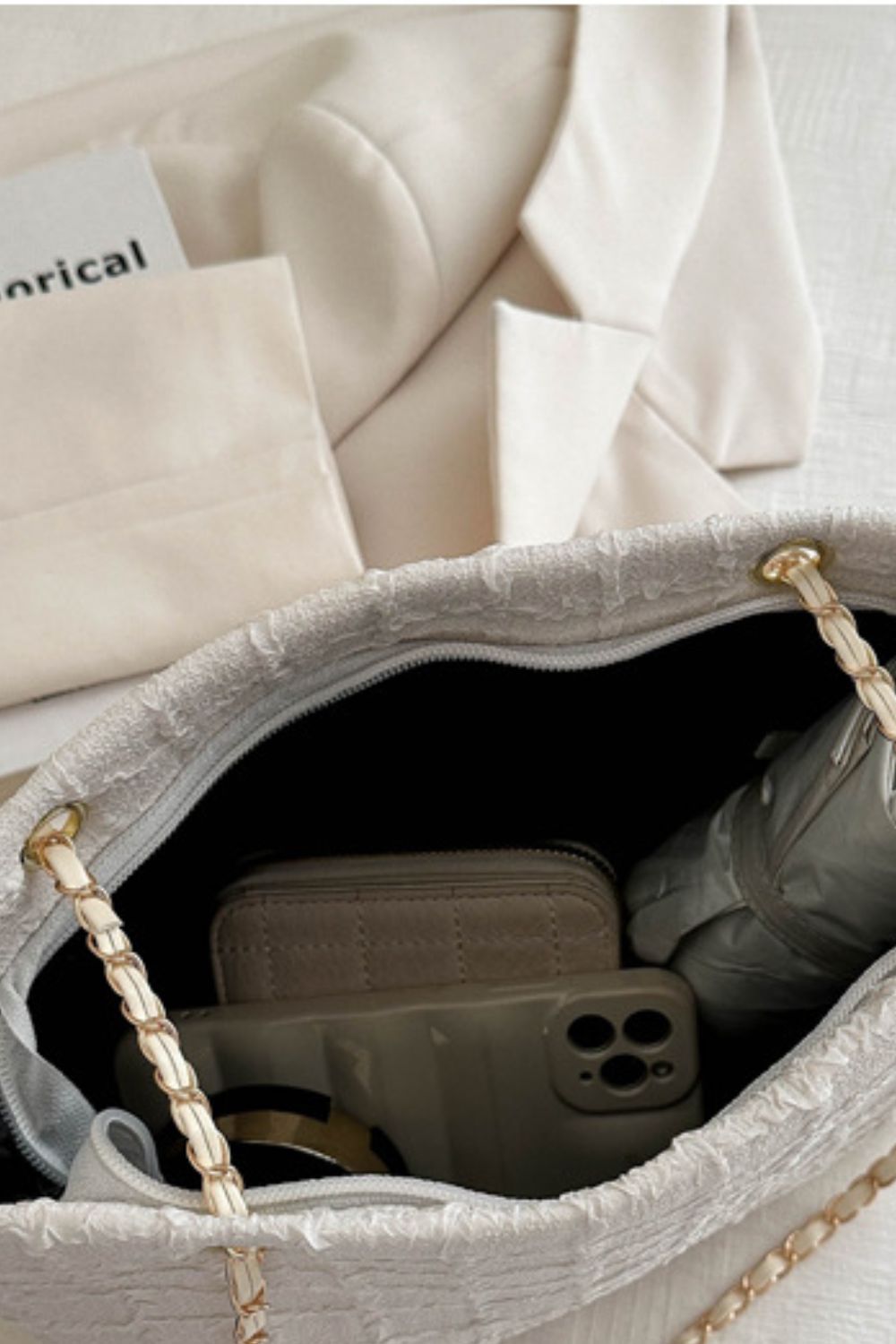 Textured Polyester Chain Tote Bag – Medium Shoulder Handbag for Everyday Style