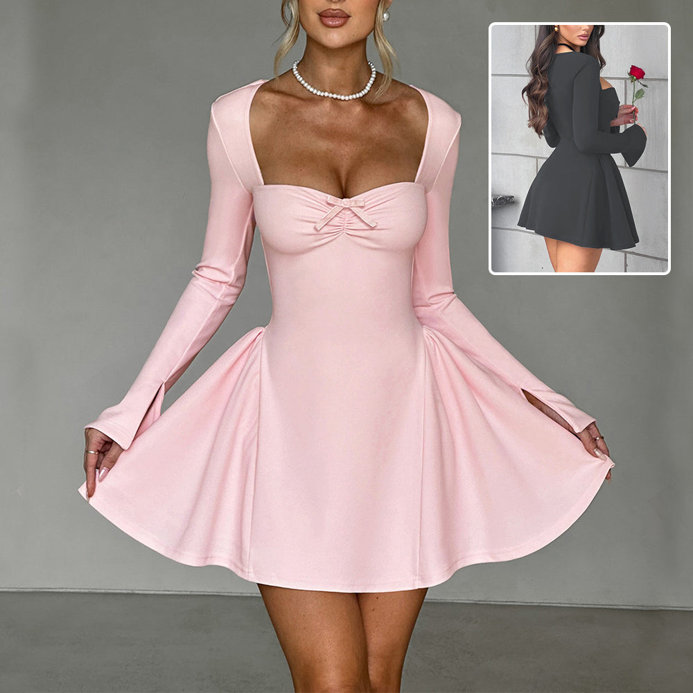 Elegant Long-Sleeve High-Waist A-Line Midi Dress - Evening Wear for Women
