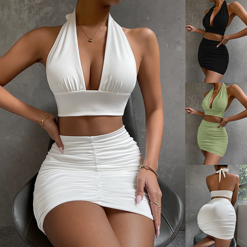 2-Piece Halter Lace-Up Crop Top & Pleated Mini Skirt Set – Hip-Hugging Women’s Dress Suit in Black, White, or Green