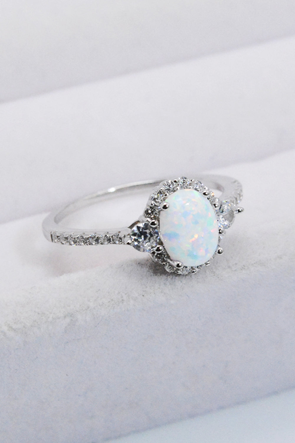 925 Sterling Silver Opal Engagement Ring – Platinum-Plated Oval Cut with Halo Accent Stones