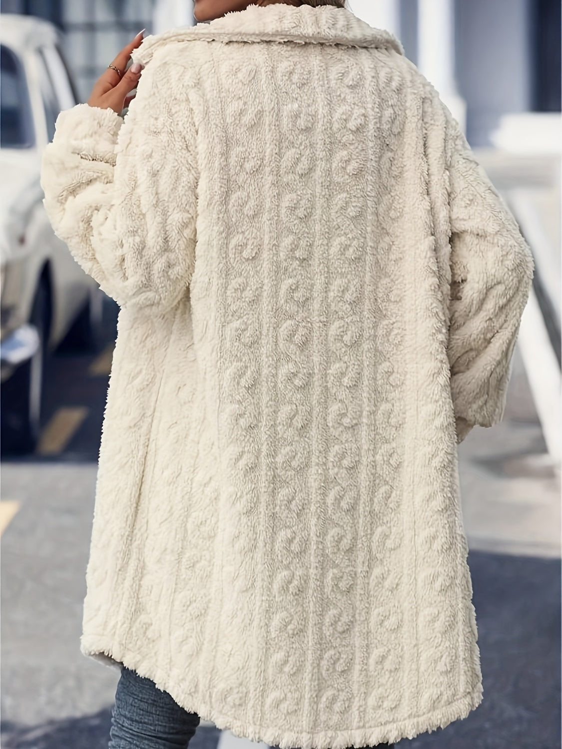Women’s Fuzzy Button-Up Longline Coat – Soft Textured Long Sleeve Jacket in Cream