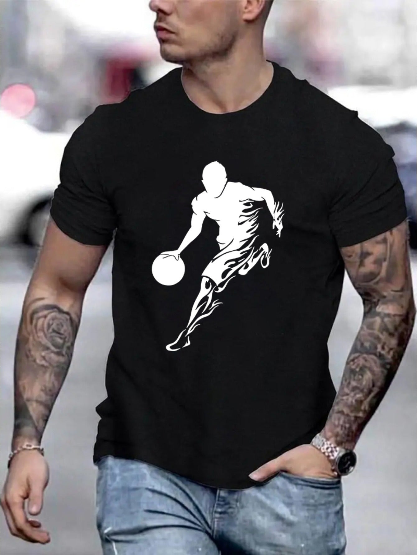 Basketball Player Pattern Printed Men's Creative Top, Casual Short Sleeved Round Neck T-shirt, Summer Outdoor Men's Clothing