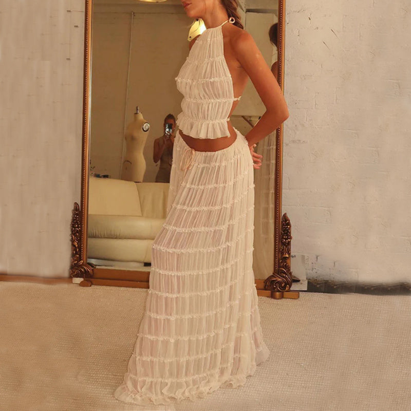 Sexy 2-Piece Backless Halter Crop Top & Oversized Pleated Maxi Skirt – High Waist Summer Dress Set in White or Yellow