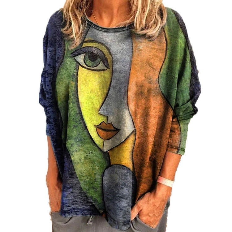 Face Art Long Sleeve T-shirt Fashion Top for Women