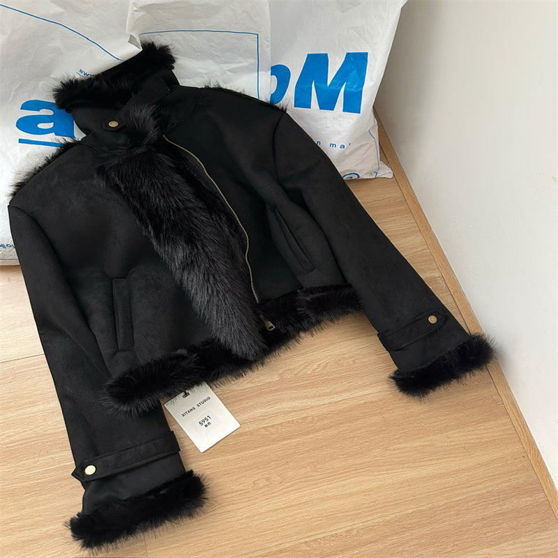 Lamb Wool One-piece Fur Motorcycle Coat Jacket Furry Coat Women