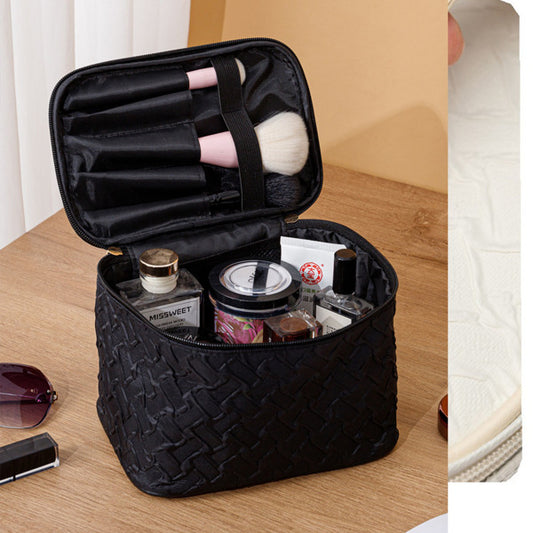 Black Premium Travel Makeup Bag – Large Capacity Cosmetic Organizer with Brush Compartment