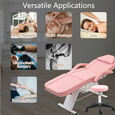 Adjustable 3-Section Massage Salon Chair with Hydraulic Stool & Trays – Multi-Purpose Esthetician Facial Bed for Spa, Beauty, Barber Shops – Pink