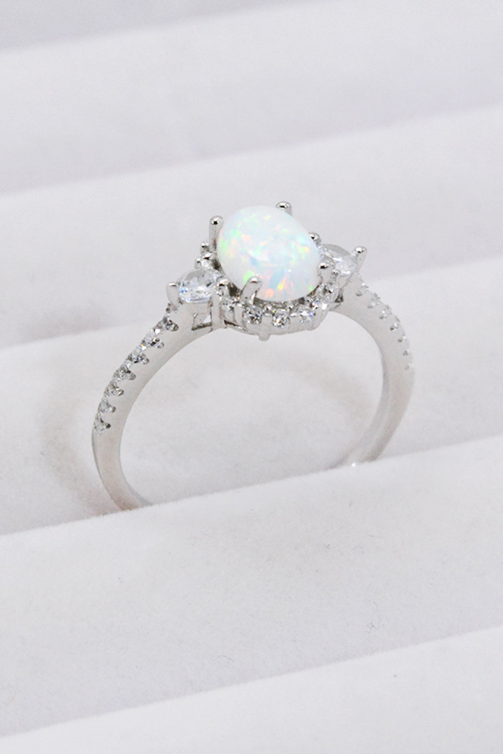 925 Sterling Silver Opal Engagement Ring – Platinum-Plated Oval Cut with Halo Accent Stones