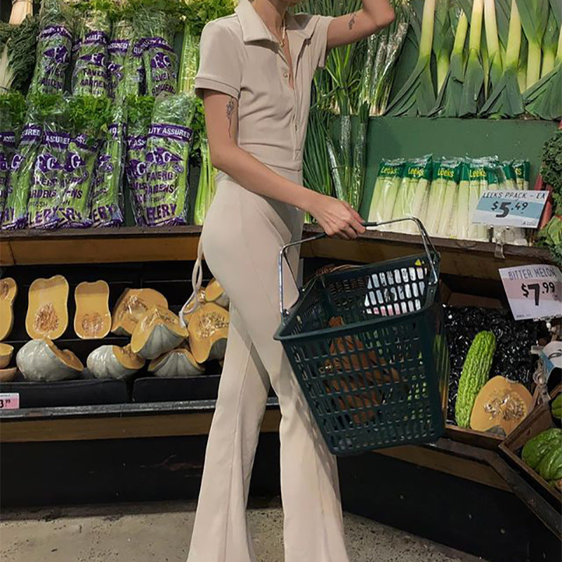 Apricot Sophisticate: High-Waisted Backless Jumpsuit with Micro-Pull Design