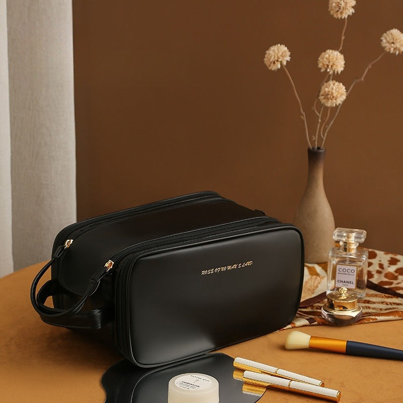 Three-Layer PU Leather Makeup Bag – Large-Capacity Travel Cosmetic Organizer with U-Shape Access