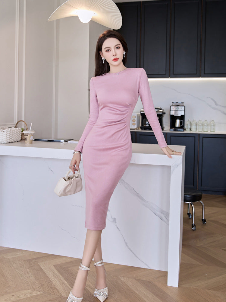 Women’s Solid Color Cashmere Dress - Elegant Long Sleeve Winter Dresses in Apricot & Pink Fashion Options