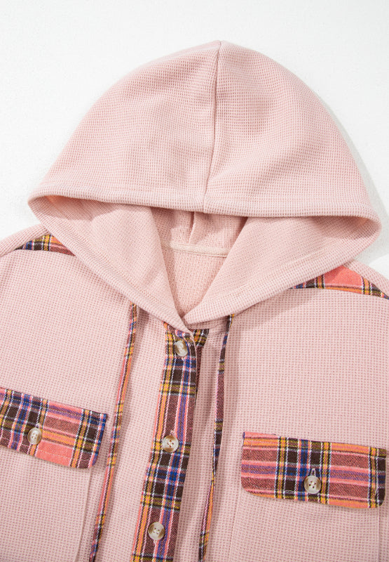 Waffle Knit Plaid Patchwork Drawstring Hooded Shacket