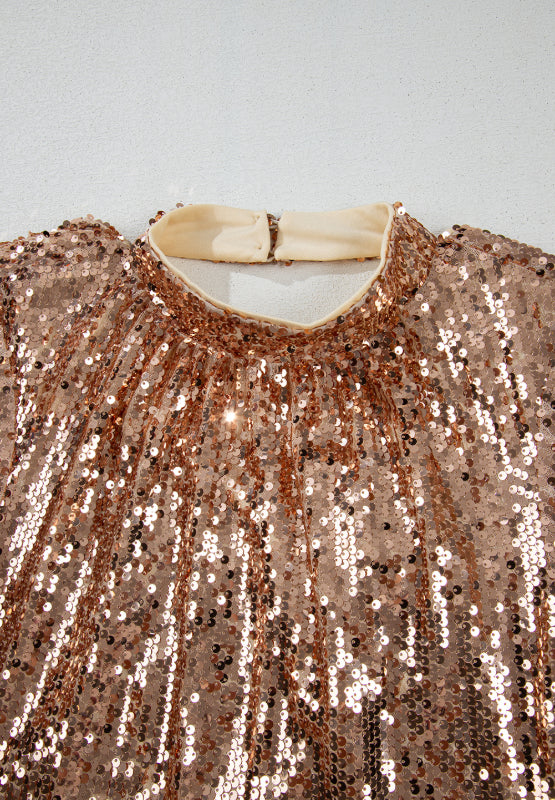 Backless Rose Gold Sequin Mini Dress – Mock Neck Long Sleeve Party Look