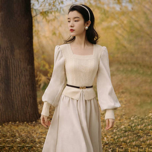 French Knit Panel Puff Sleeve Dress
