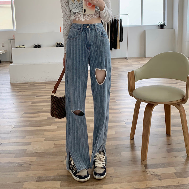 Women's High Waist Slim All Match Waist Straight Jeans