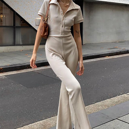 Apricot Sophisticate: High-Waisted Backless Jumpsuit with Micro-Pull Design