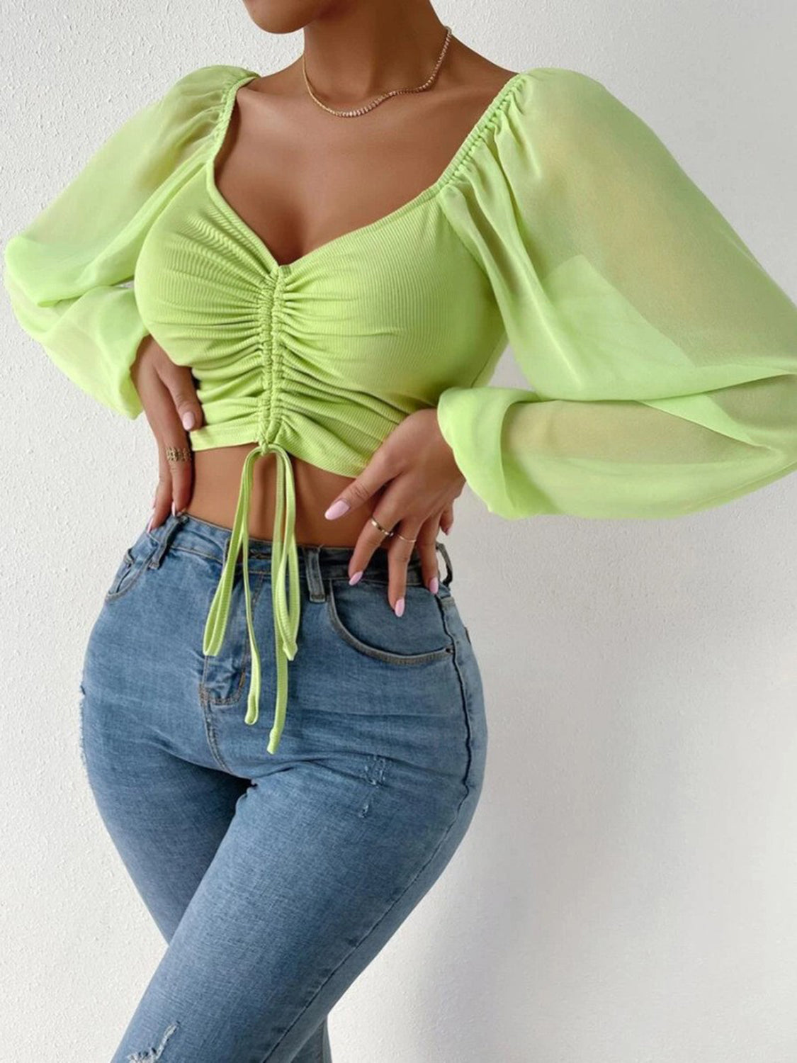 Women’s Drawstring Sweetheart Neck Cropped Top – Long Sleeve Ruched Front Blouse