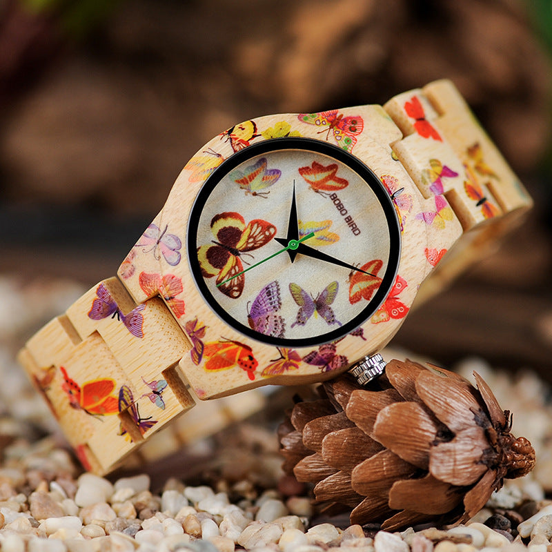 BOBO BIRD O20 Women’s Bamboo Watch – Butterfly Print Dial, Lightweight Quartz Wristwatch with Gift Box
