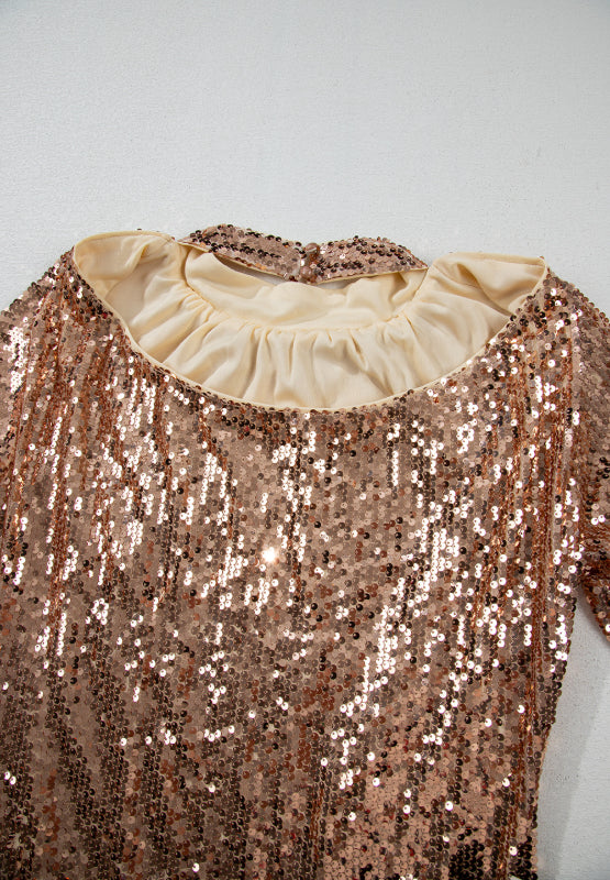 Backless Rose Gold Sequin Mini Dress – Mock Neck Long Sleeve Party Look