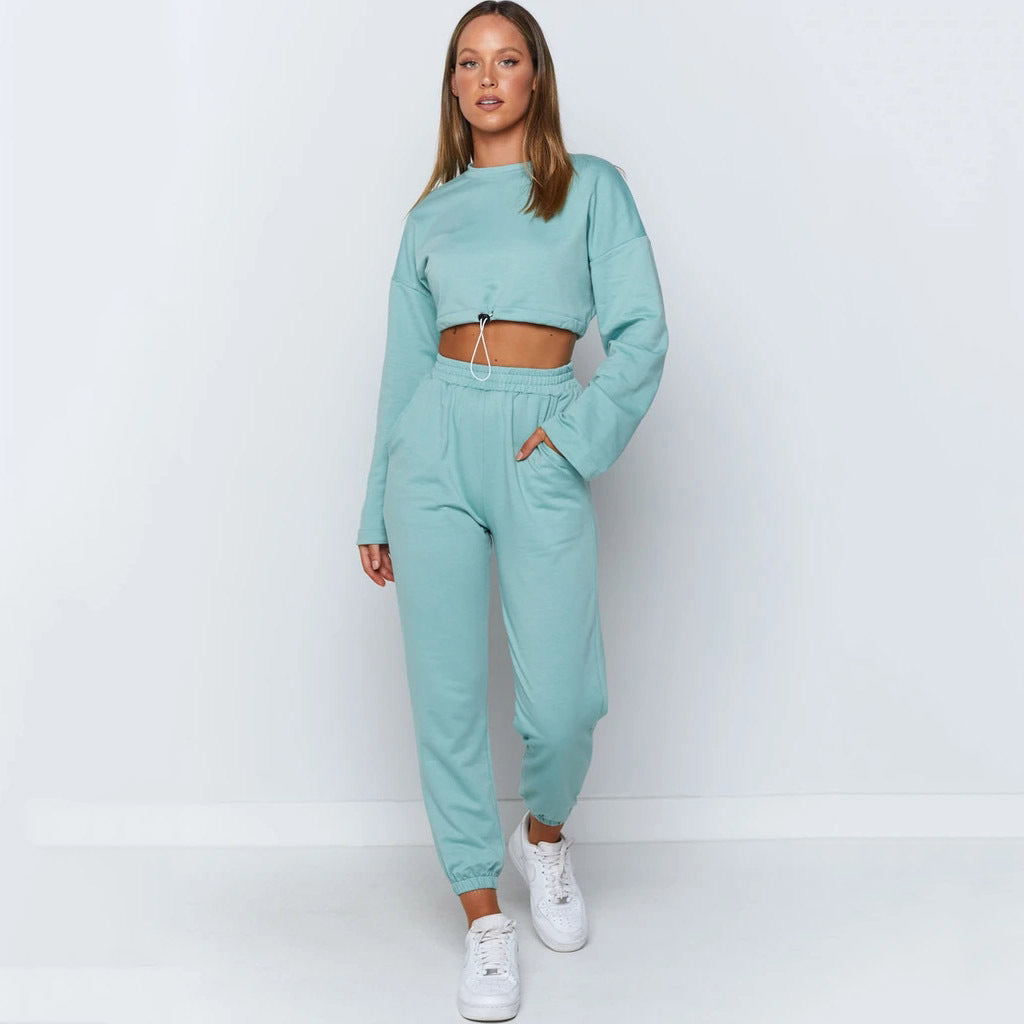 Women’s Sports and Leisure Suit - Long Sleeve Fleece Top & Joggers with Drawstring | Cotton Blend | Plain Pattern