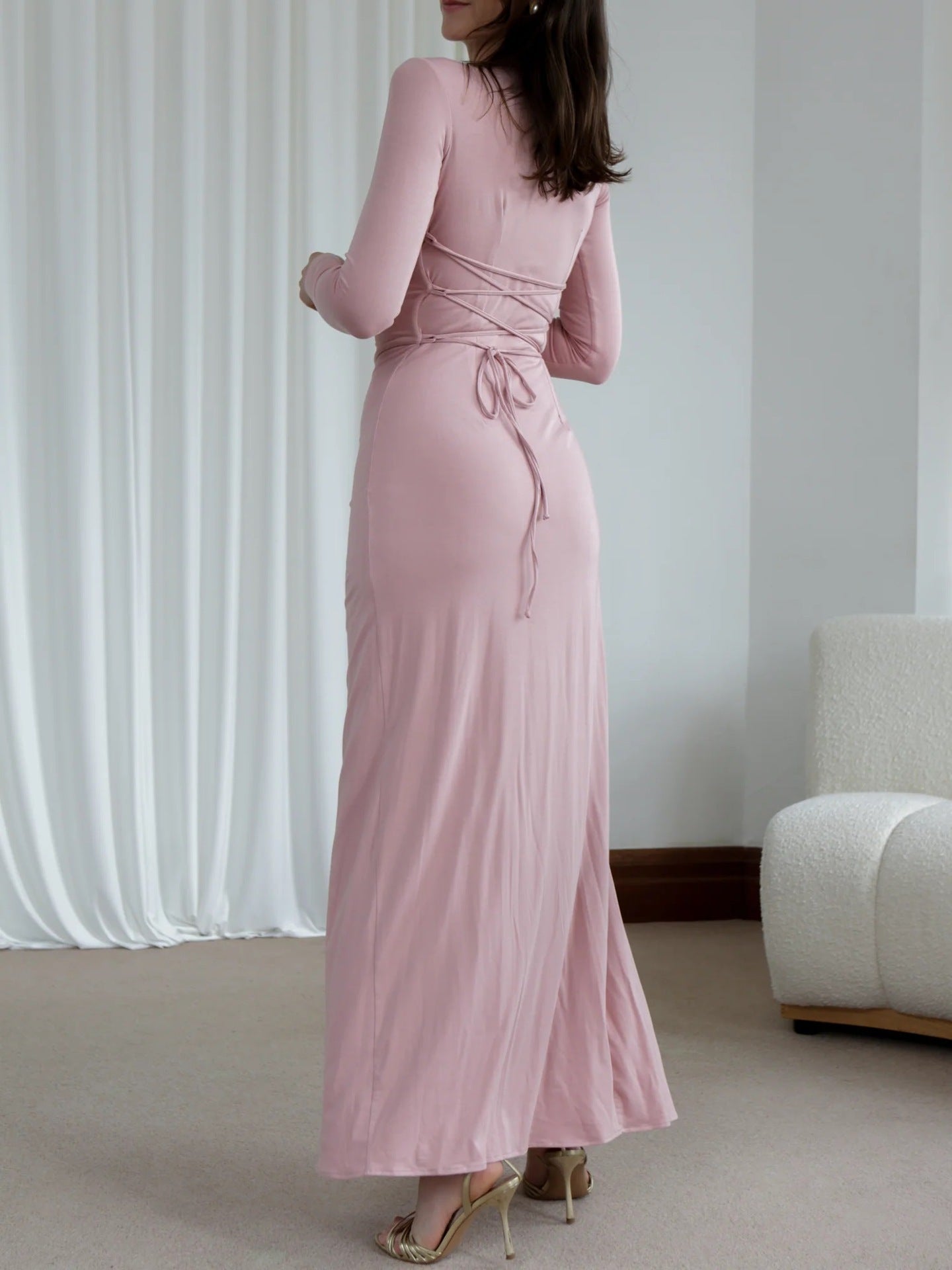 Elegant Asymmetric Split Maxi Dress – Slim Fit, Long Sleeve, Trendy Solid Color Gown for Women