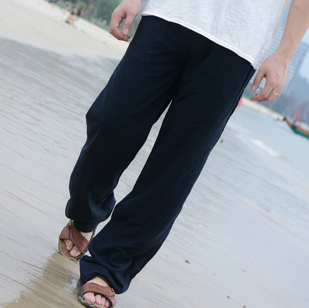 Loose Plus Size Cotton And Linen Elastic Waist Straight Beach Pants