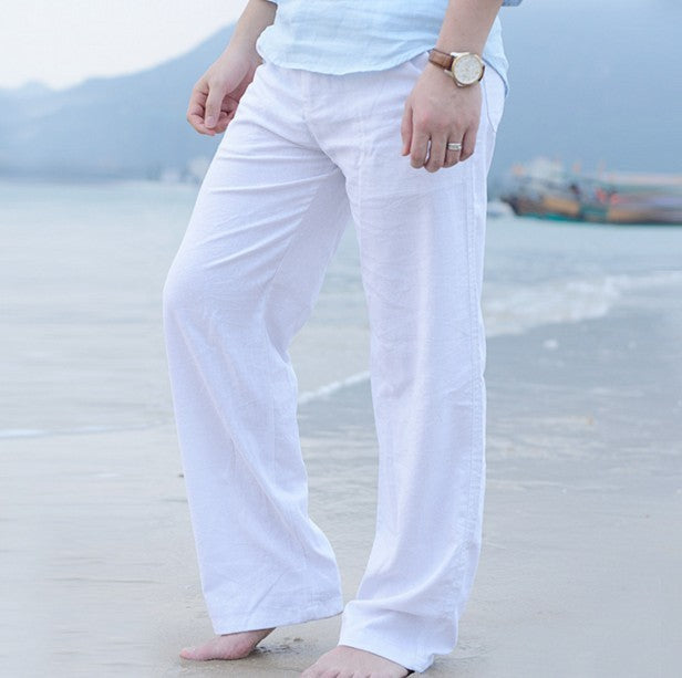 Loose Plus Size Cotton And Linen Elastic Waist Straight Beach Pants