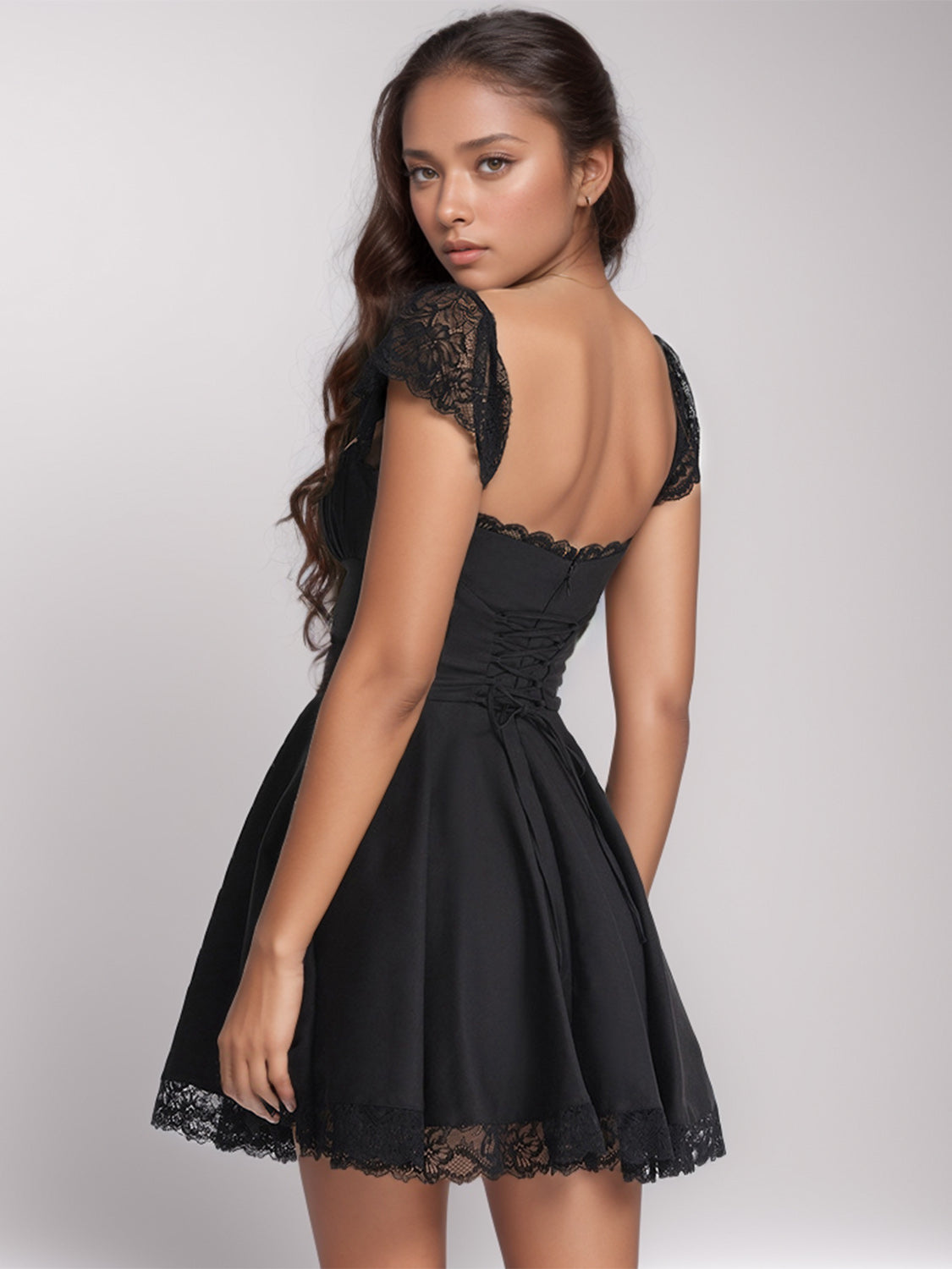 Lace Trim Square Neck Mini Dress with Cap Sleeves – Elegant Short Dress for Parties & Date Nights