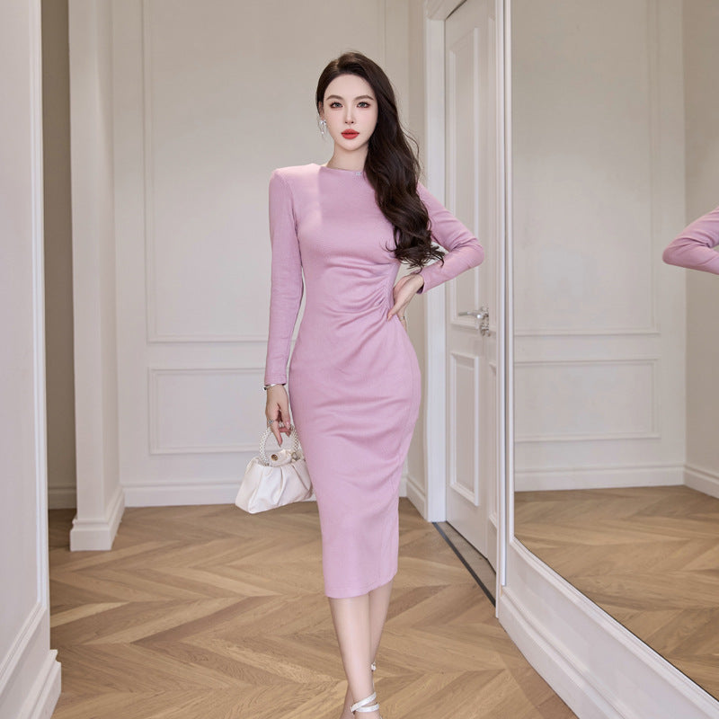 Women’s Solid Color Cashmere Dress - Elegant Long Sleeve Winter Dresses in Apricot & Pink Fashion Options