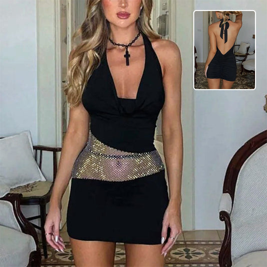 Sexy Slim Deep U-Neck Mini Dress – High-Waist, Sequin Mesh Patchwork, Sleeveless Halter Club Dress